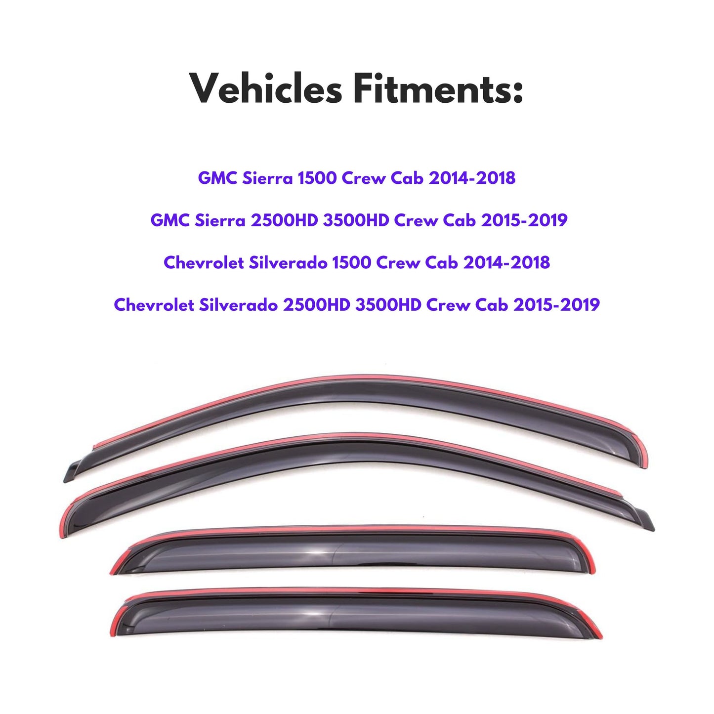 Window Visors for GMC Sierra 1500 Crew Cab 2014-2018 & GMC Sierra 2500HD 3500HD Crew Cab 2015-2019 & Chevrolet Silverado 1500 Crew Cab 2014-2018 & Chevrolet Silverado 2500HD 3500HD Crew Cab 2015-2019, 4-Piece