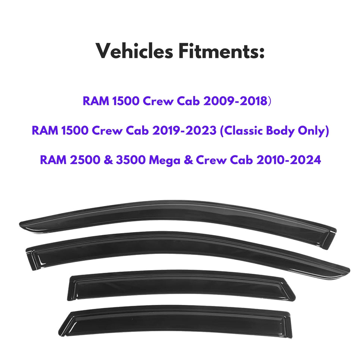 Pare-soleils pour RAM 1500 Crew Cab 2009-2018, RAM 1500 Crew Cab 2019-2023 (carrosserie classique uniquement), RAM 2500 et 3500 Mega et Crew Cab 2010-2024, 4 pièces